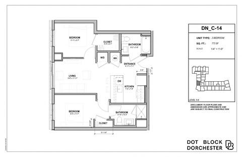 Floor plan for 2 beds, 2 baths, 773 sqft